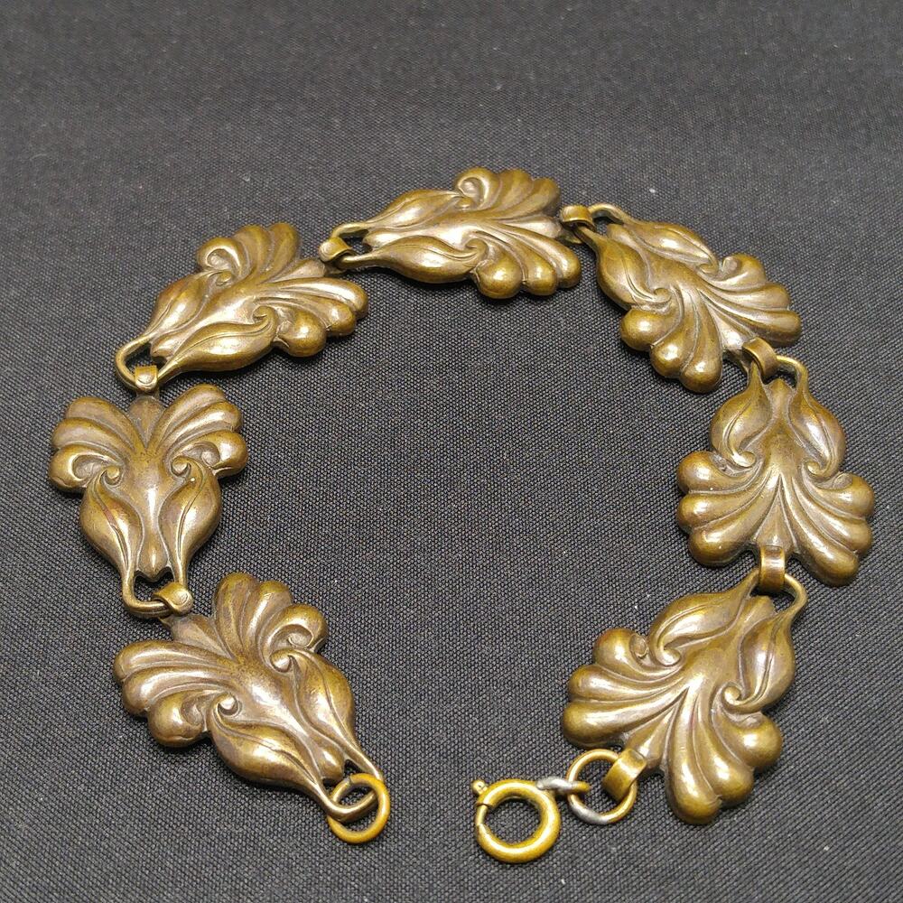 Vintage Antique Brass Link Bracelet Art Nouveau Style 7.5 Inch